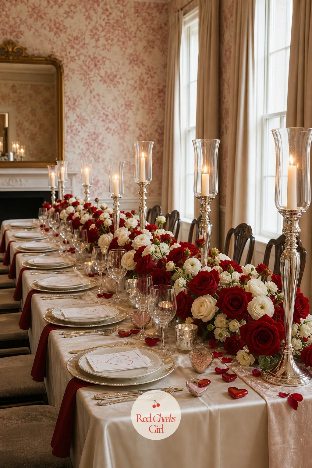Long Table With Red Roses and White Florals — A long table dressed properly does not need a centerpiece on every foot of it, just one continuous low run of