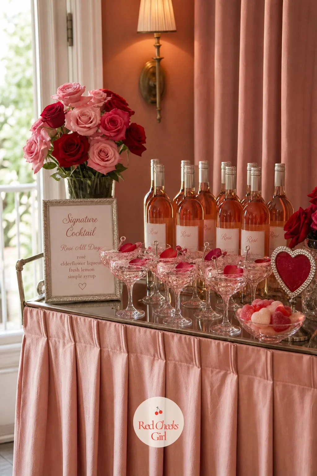 Pink Signature Cocktail Bar — A bar with nothing but the usual bottles on it does not tell guests anything about the day. Valentines wedding
