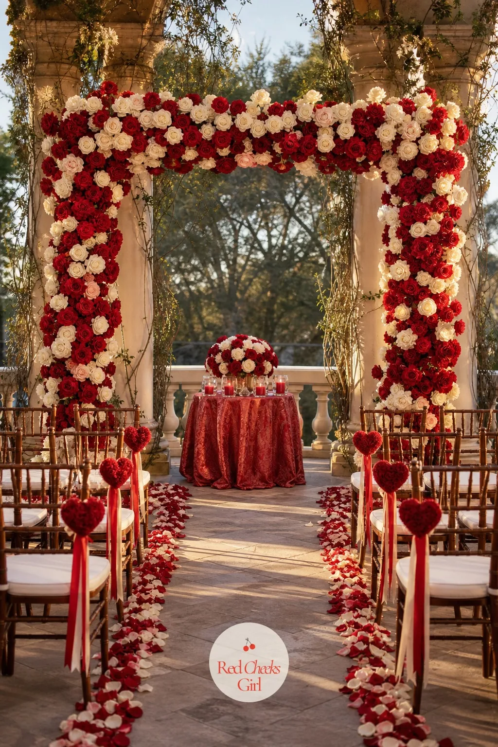 Red and Ivory Rose Ceremony Arch — She pictures stiff silk flowers and a sad little arch. Valentines wedding