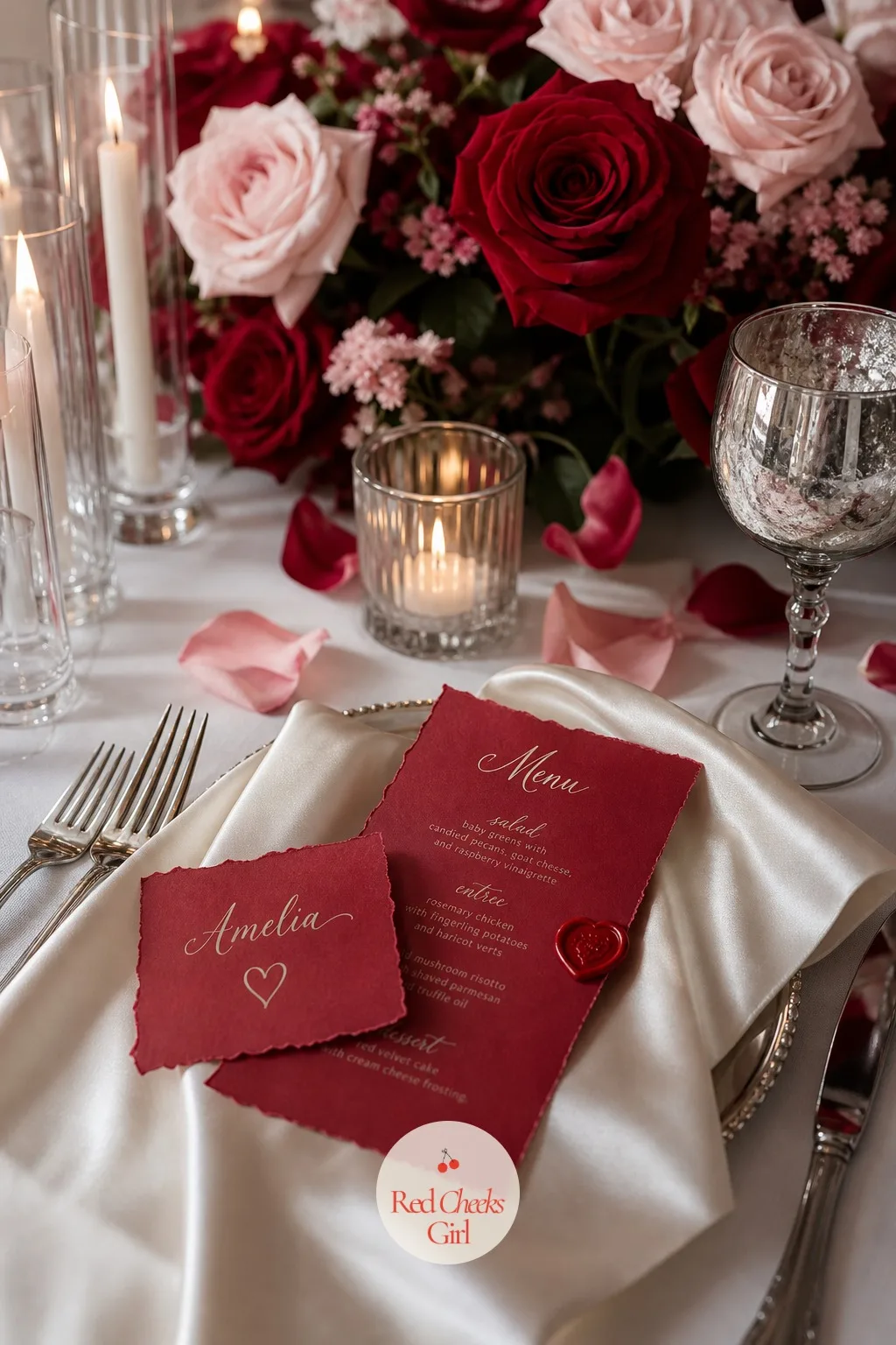 Red Place Cards and Menus — A seat without a name on it feels unfinished, and a dinner without a menu card leaves guests guessing what is actually coming.