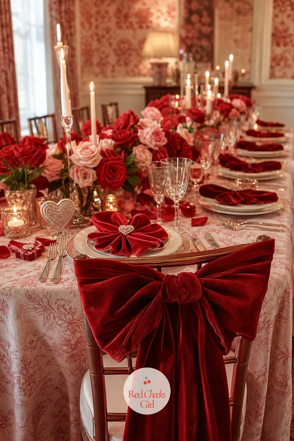 Red Velvet Chair Bows and Napkins — Chairs left plain look like they are waiting for the party to start somewhere else. Valentines wedding
