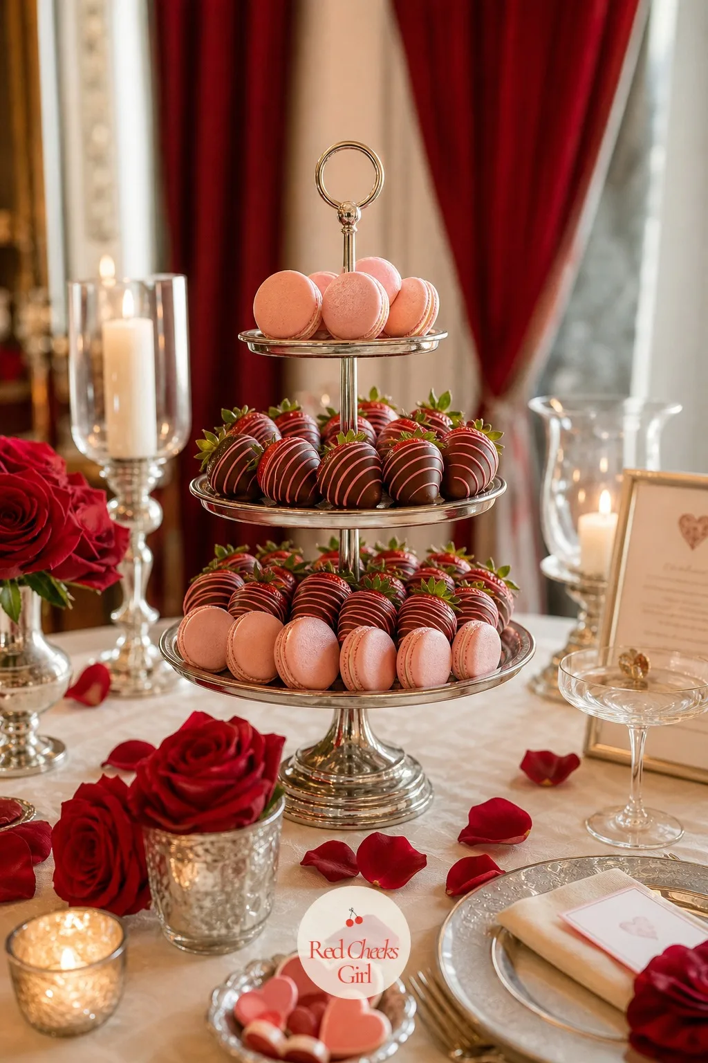 Strawberry and Rose Macaron Tower — Next to the tartlets and the cookies, the dessert table wants one tall piece to anchor it. Valentines wedding