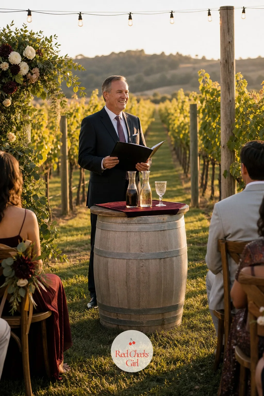 The Barrel Unity Table — Beside the officiant, where a small table would usually hold rings or candles, a real wine barrel stands in instead, its curved top