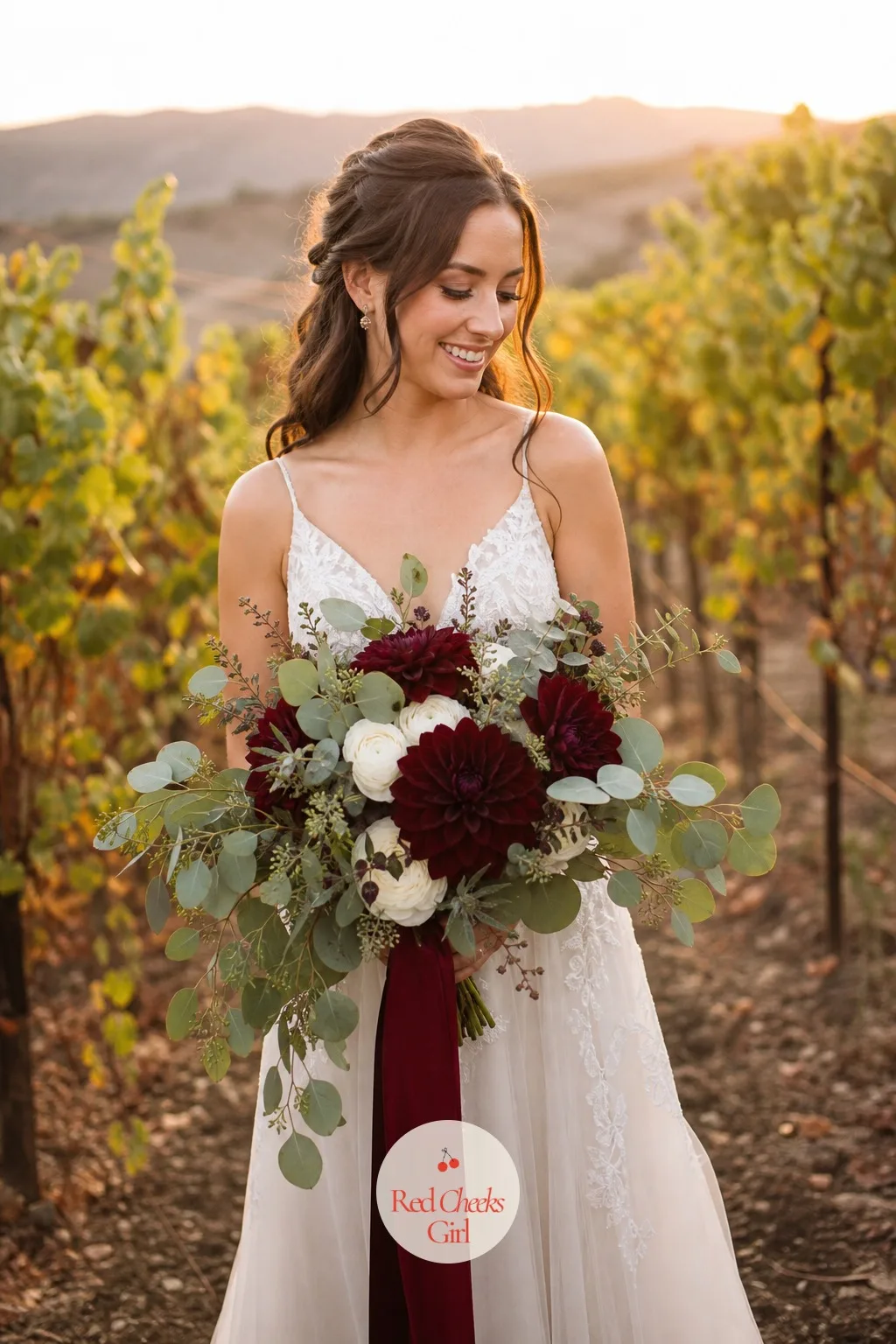 The Bridal Bouquet of Burgundy Dahlias and Eucalyptus — Carried down the aisle and held through every photograph after it, the bouquet is the one object guests