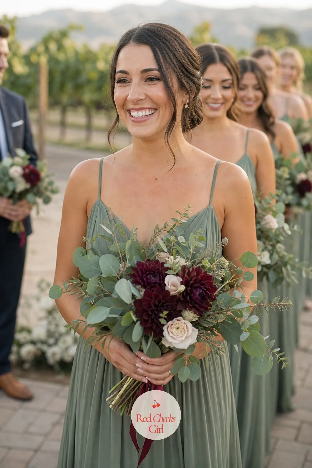 The Bridesmaids' Bouquets in Sage and Ivory — Standing beside the bride, the bridesmaids carry a quieter echo of the same bouquet, lighter on burgundy and