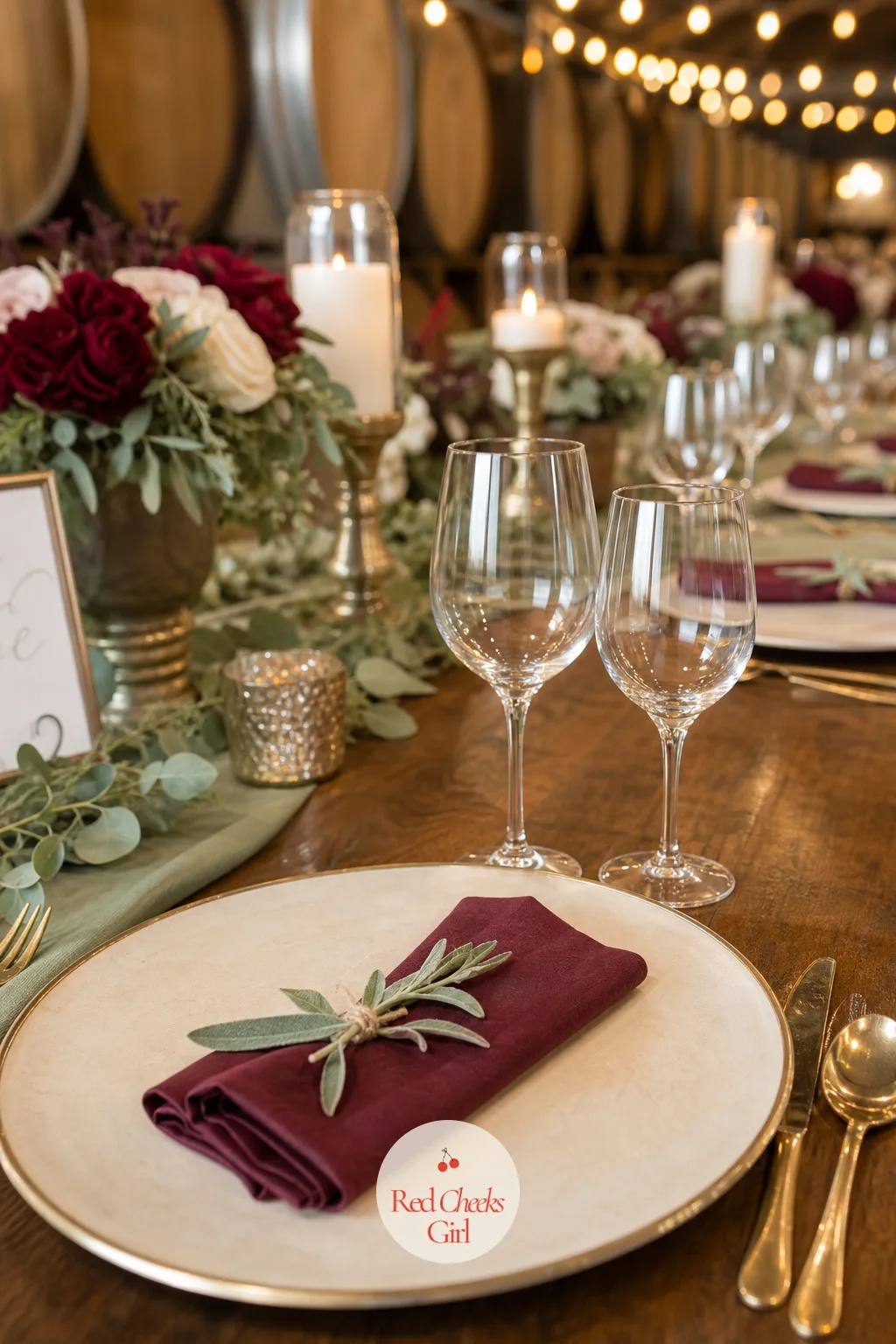Burgundy Napkins and Wine Glasses at Each Place — Down the length of every table, each place setting repeats the same small stack: an ivory charger, a folded