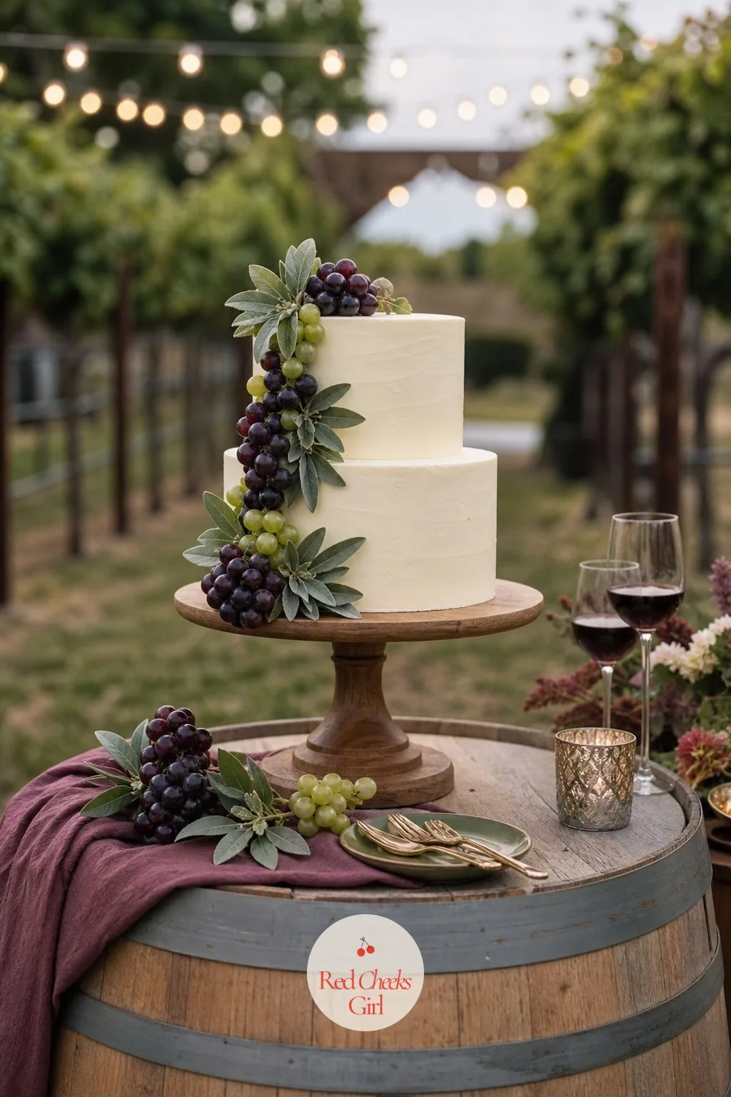 The Cake with Fresh Grapes and Sage Leaves — Set on its own barrel-top stand away from the main tables, the cake skips smooth white fondant for something
