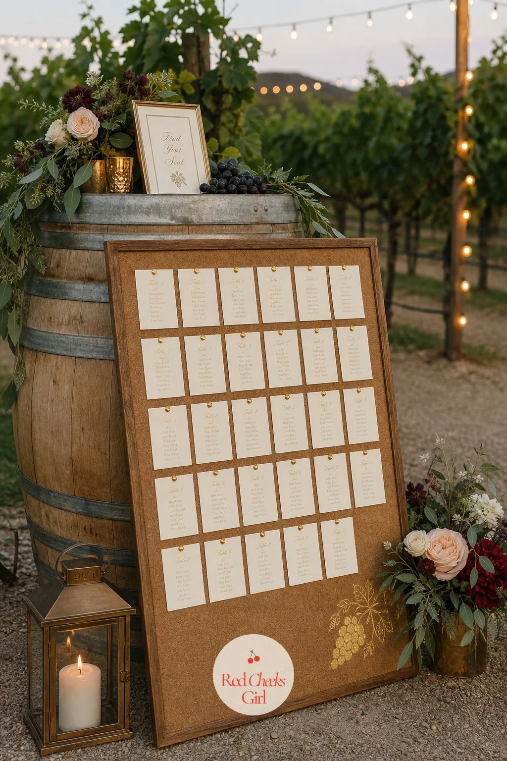 The Escort Card Display on a Wine Barrel — For weddings using paper cards instead of bottles, the display itself still has to earn its place in the theme