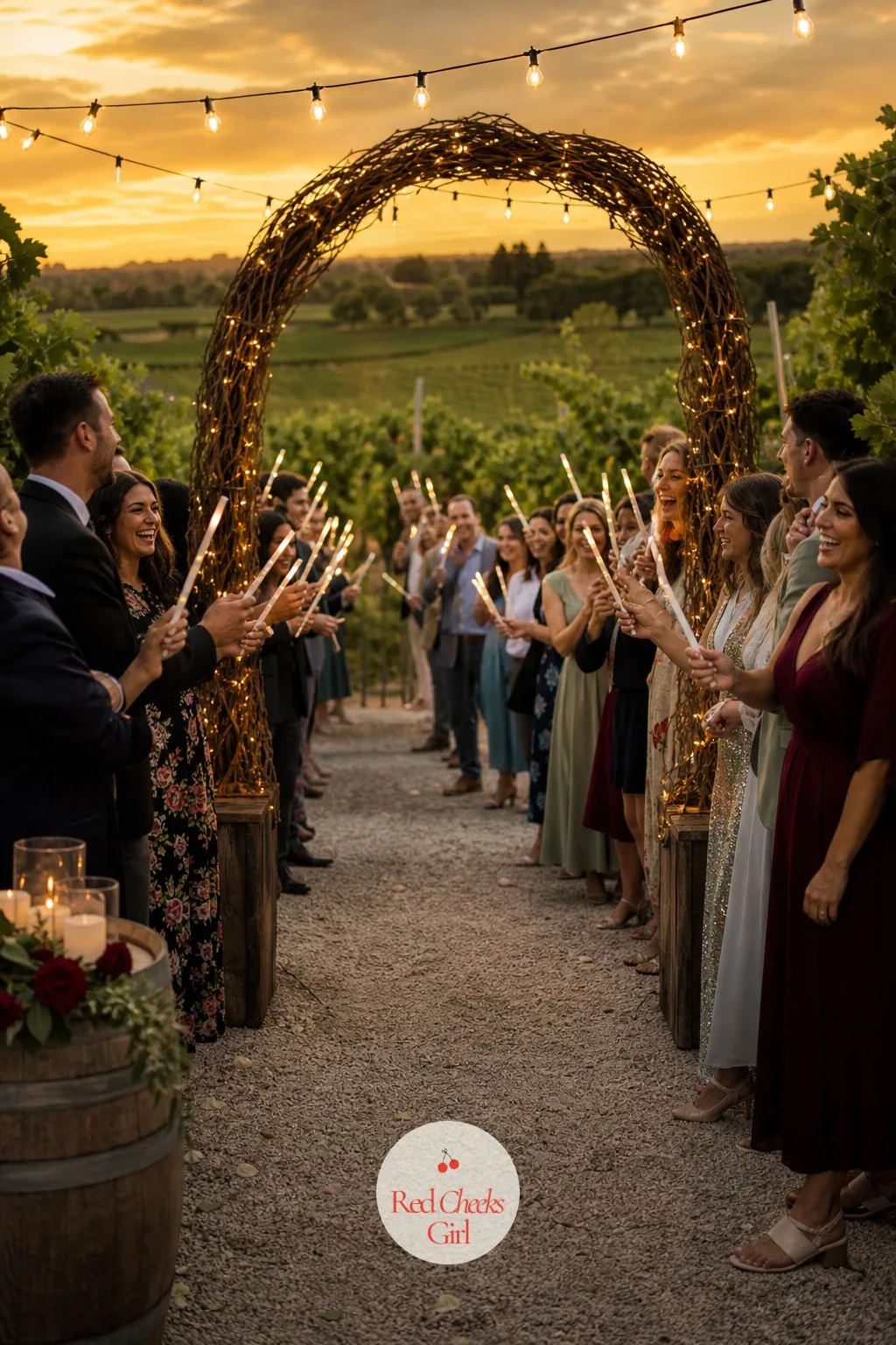 A Grapevine Send-Off Arch Under the Lights — As the night winds down, guests line up on either side of a second, smaller arch near the exit path, this one