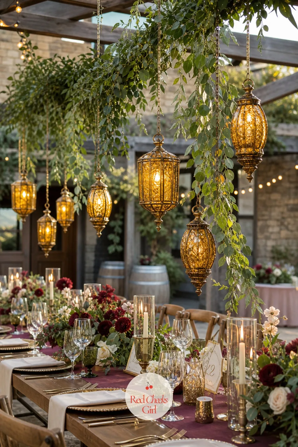 Hanging Amber Lanterns and Trailing Greenery — Above the table, between the string lights, a second layer of light hangs lower and closer: amber glass lanterns