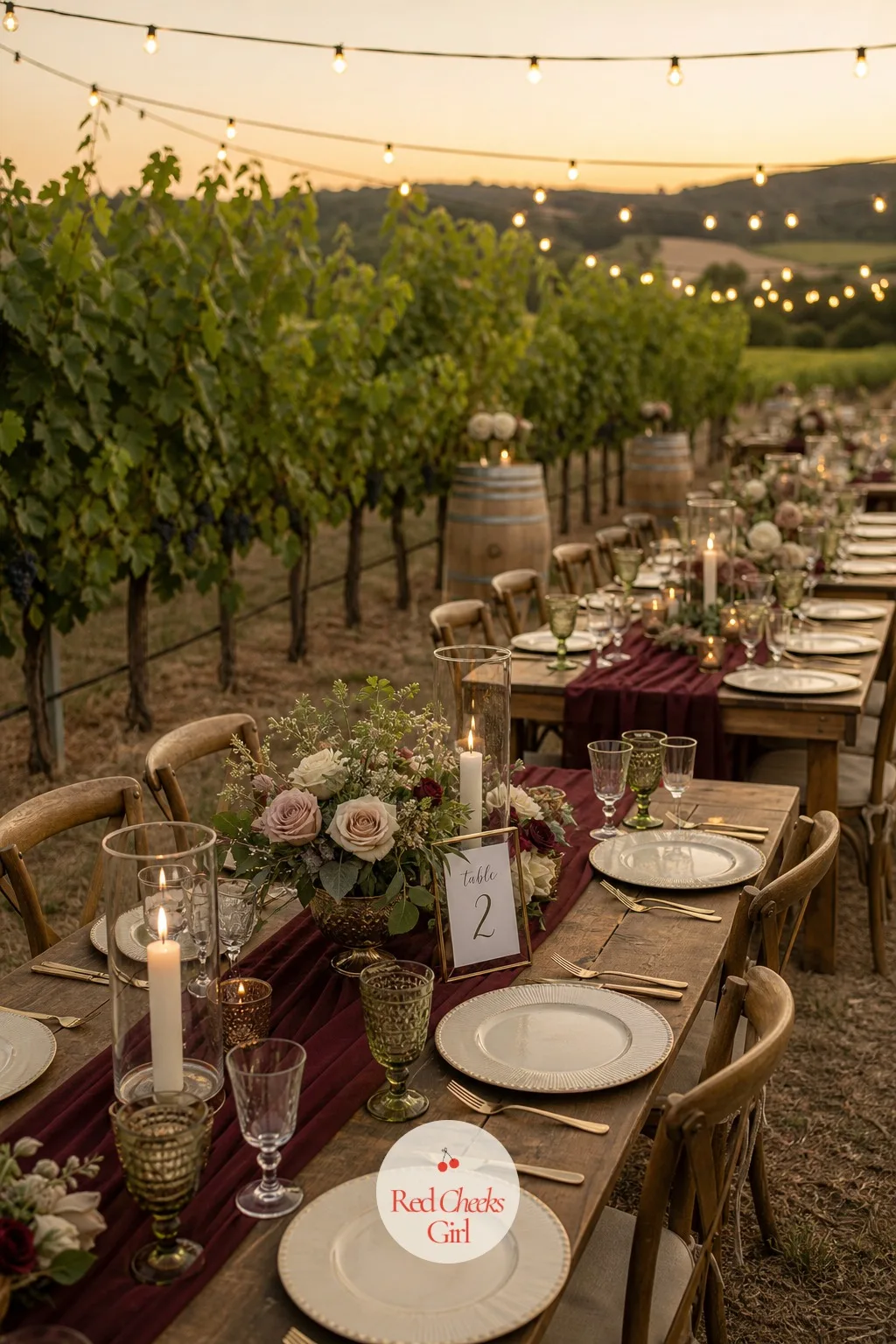 Long Feasting Tables Beside the Vines — Guests eat at long wood tables set end to end in a single line beside the rows, not round tables scattered across a