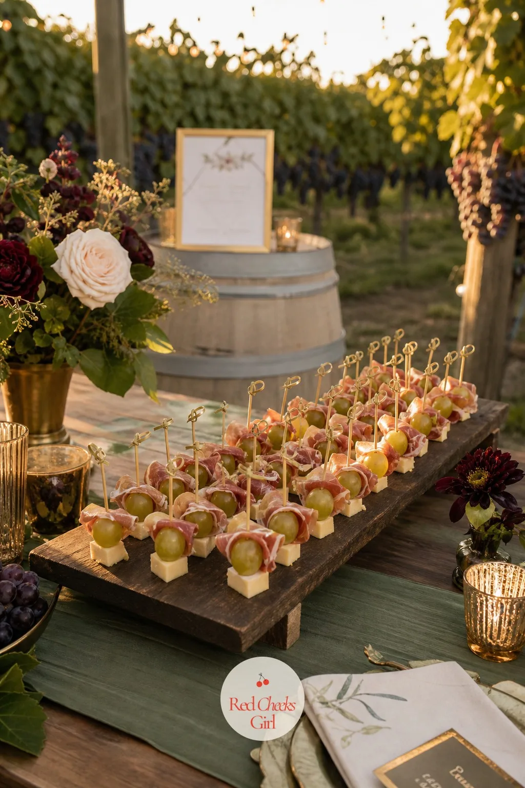 Passed Grape and Prosciutto Skewers — During cocktail hour, while guests find the bar and the cheese table, small skewers move through the crowd on wood boards