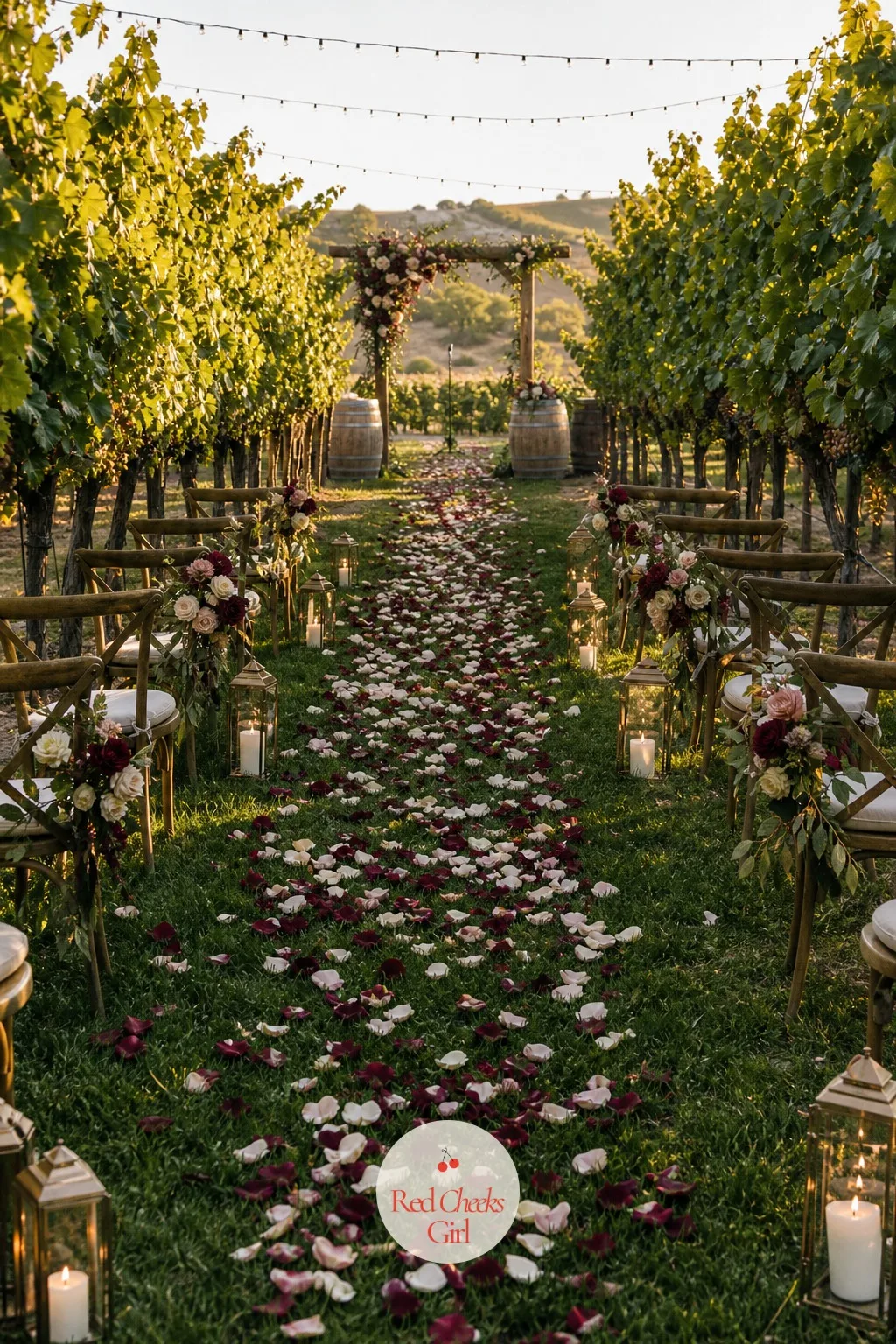 The Petal-Lined Aisle — The aisle is the first thing guests actually walk, before they sit down and look anywhere else, so it carries the colour story at