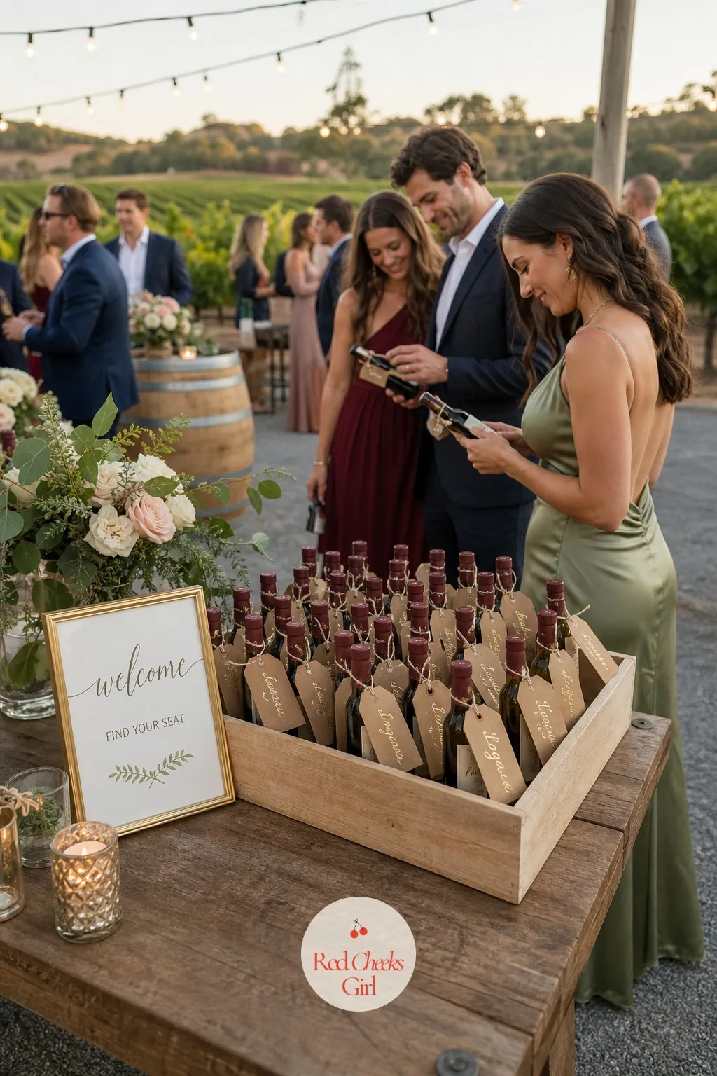 Place Cards Tied to Small Bottles — At the entrance to the reception, a display of mini wine bottles stands in for the usual paper escort cards, each guest's