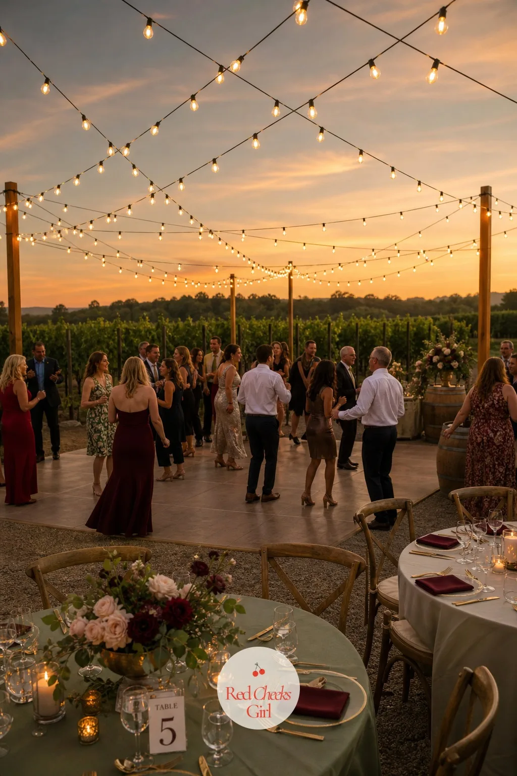 The String-Light Canopy Over the Dance Floor — Once the sun drops behind the vines, this is the part of the venue that actually lights the party: a loose