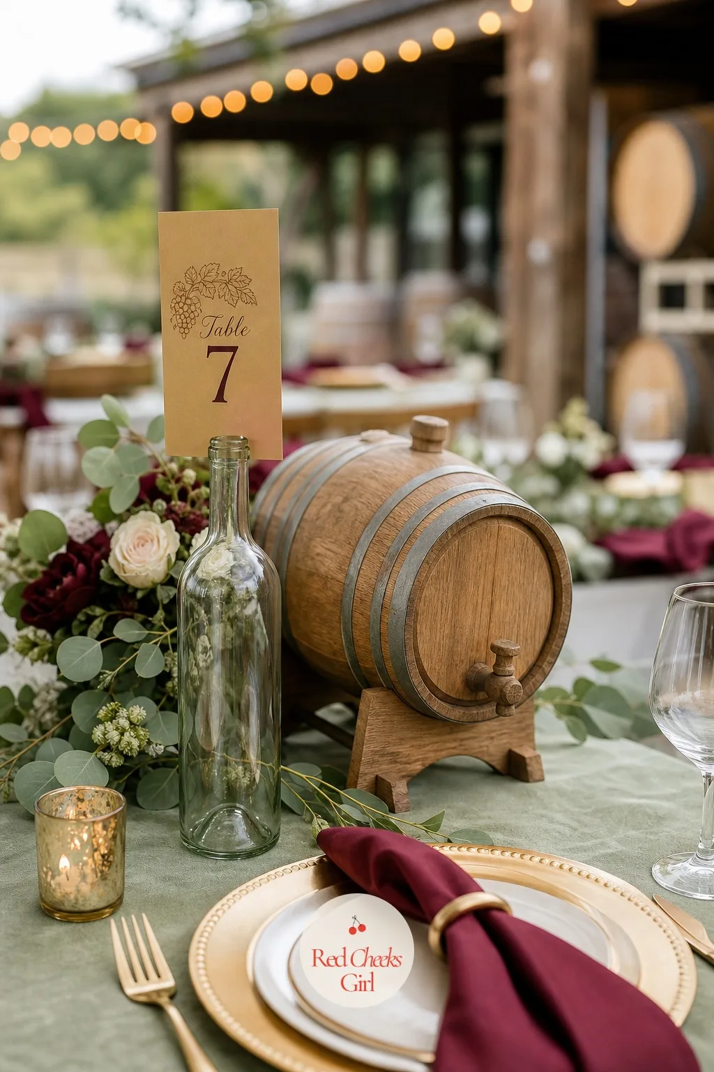 Table Numbers in Recycled Wine Bottles — At the centre of each table, a single wine bottle holds the number card upright instead of a standing frame