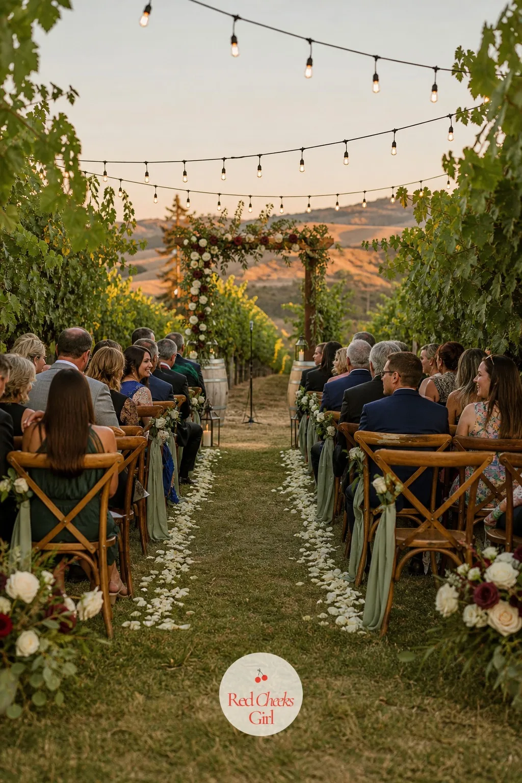 Vineyard Row Guest Seating — Guests sit in two facing blocks right inside the vine rows, close enough that the leaves brush the chair backs on either side.