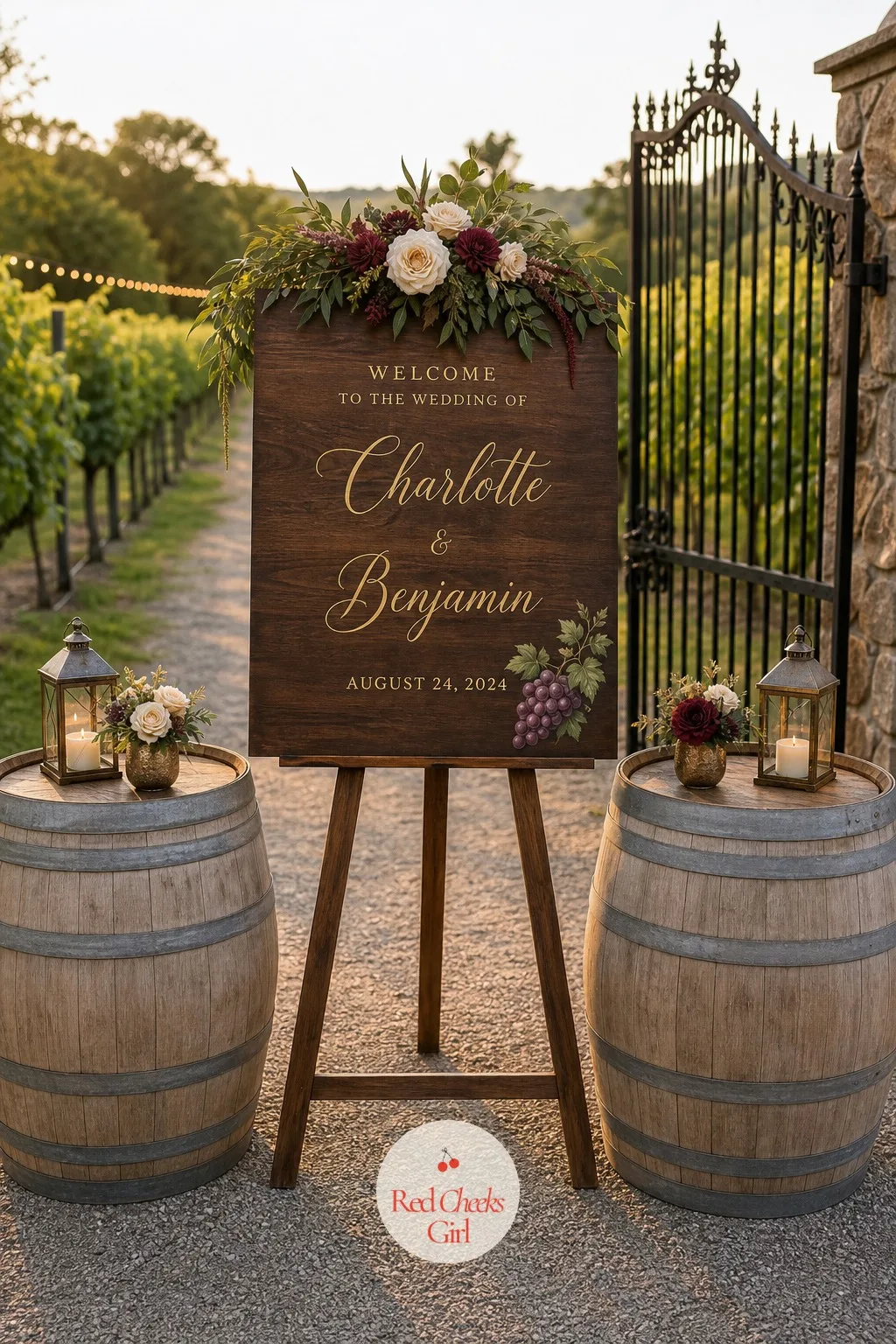 The Welcome Sign at the Vineyard Gate — Before guests ever reach the chairs, a single sign at the entrance tells them whose day this is and sets the colour