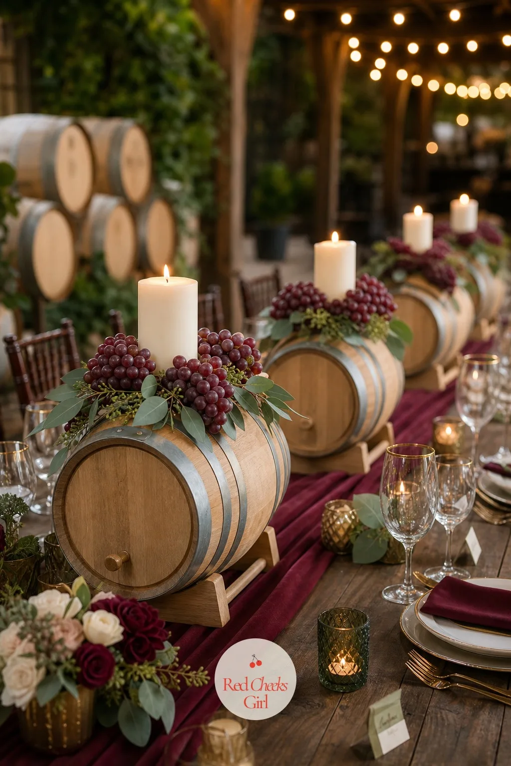 Wine Barrel Centerpieces Down the Table — Down the centre of each long table, miniature wine barrels stand in place of the usual tall floral centrepiece, low