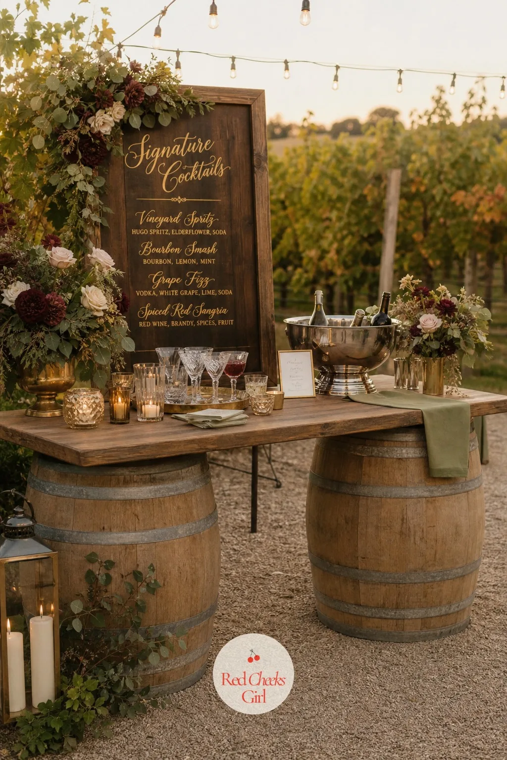 The Wine Barrel Cocktail Corner — Away from the main tables, a bar built entirely from barrels gives the cocktail hour its own corner, one that photographs