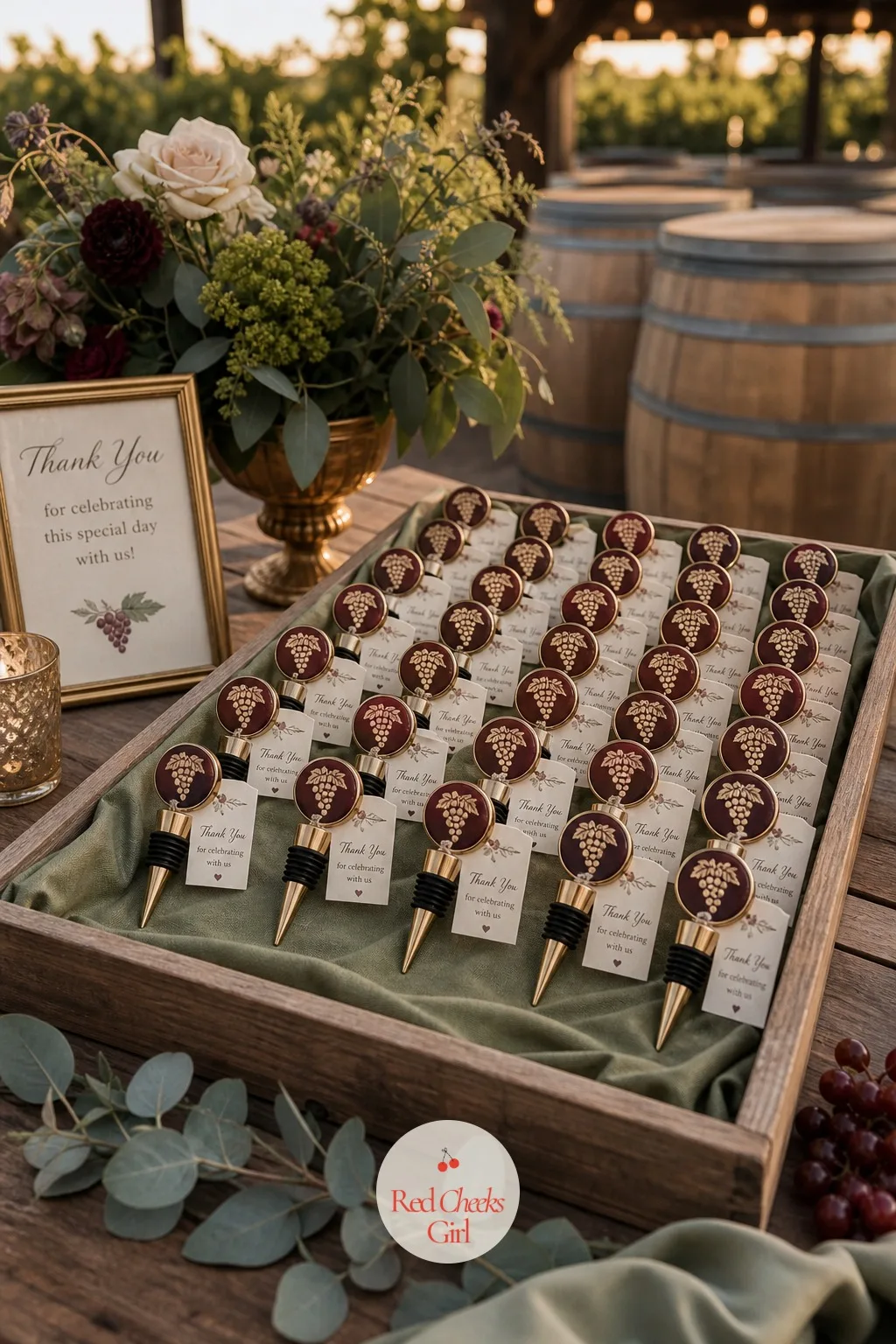 Wine Stopper Favors — Laid out on a small table near the exit, the favor this time is something guests actually use again: a wine stopper, usually topped with