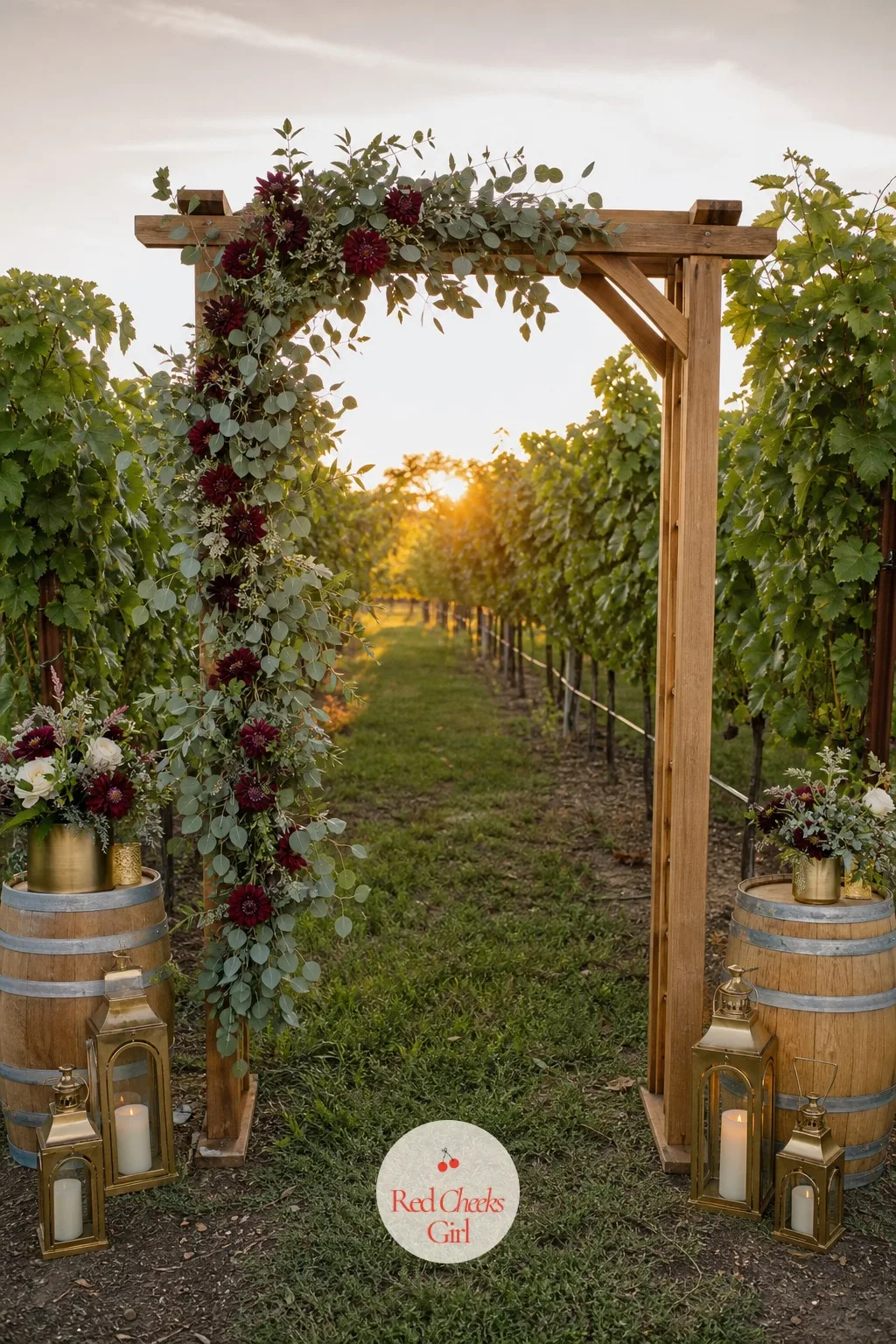 The Wooden Arch Between the Vines — Guests round a corner of vine rows and there it is: a plain wood arch standing where two rows meet, framing nothing but
