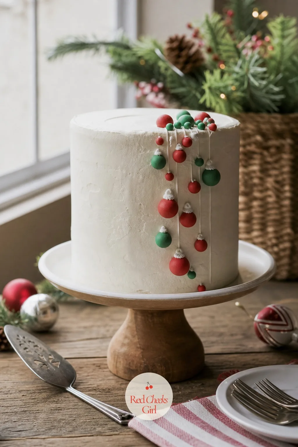 Ornament-Drop Vintage Cake — Instead of a drip, let a string of edible baubles run down the side of the cake, catching the eye the way a real ornament catches