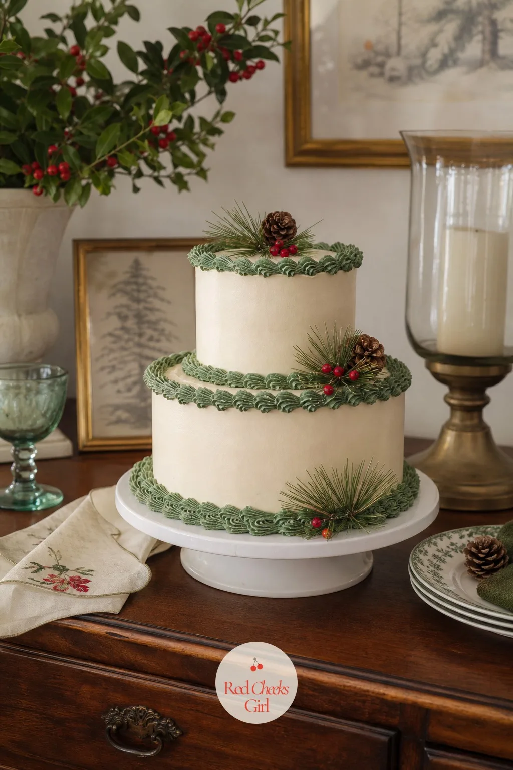 Two-Tier Vintage Christmas Cake — Two tiers signal a bigger occasion without actually taking twice the work, since the piping technique stays the same, only