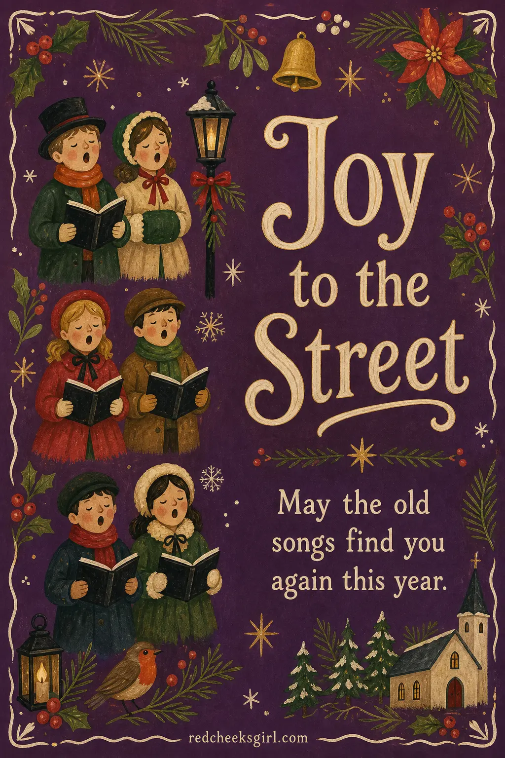 The Caroling Card printable sheet — For the neighbors who actually do stand on the porch and sing, or the choir you have sat through every year. Vintage