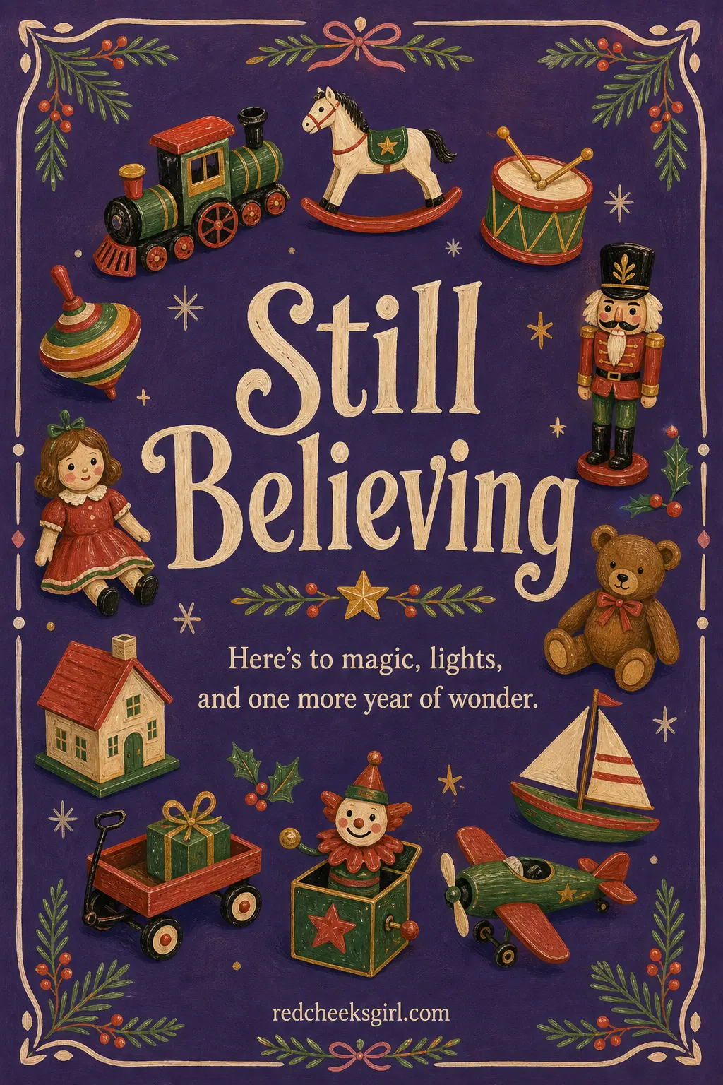 The Still-Believing Card printable sheet — For the friend who keeps the good ornaments and still means it when she says Christmas is her favourite month.