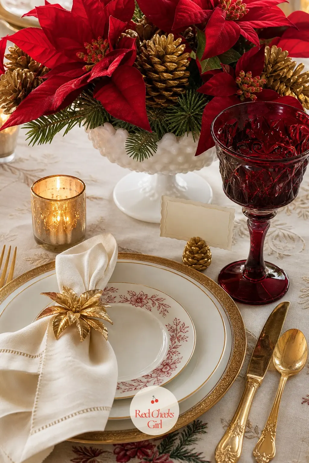 The Centerpiece and One Place Setting Done Properly — A low milk glass bowl holds poinsettia blooms and a few gold-sprayed pinecones, kept deliberately low so