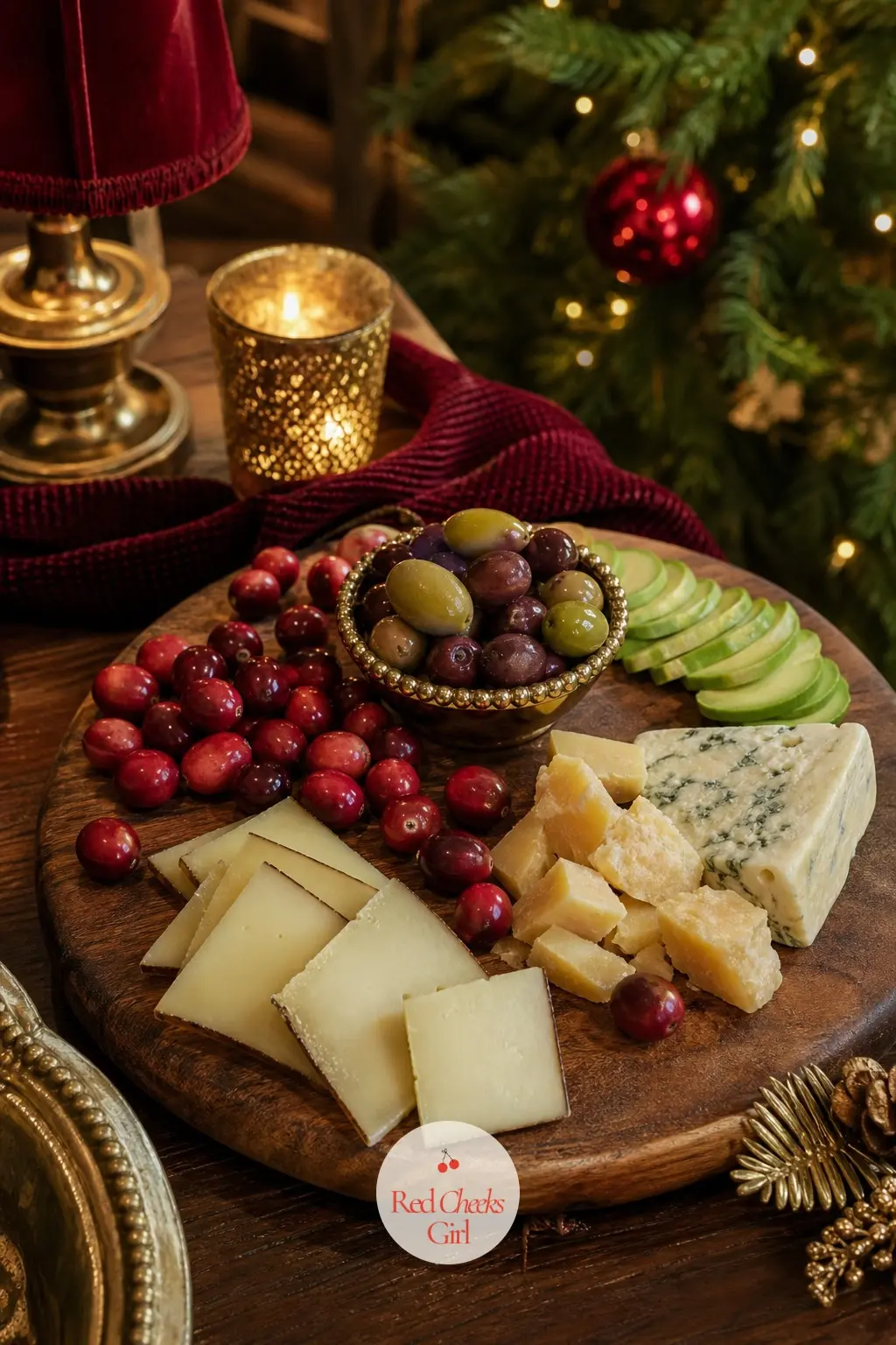 A Cheese Board in Cranberry, Avocado and Gold — A wooden board styled near the bar cart carries the palette into something savory: cranberries scattered loose
