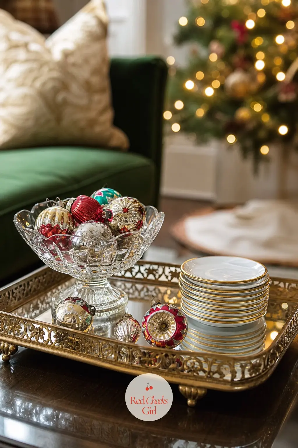 The Coffee Table, a Gold Tray and a Dish of Candy — A gold mirrored tray holds a small dish of hard candy and a few loose ornaments, with a stack of coasters
