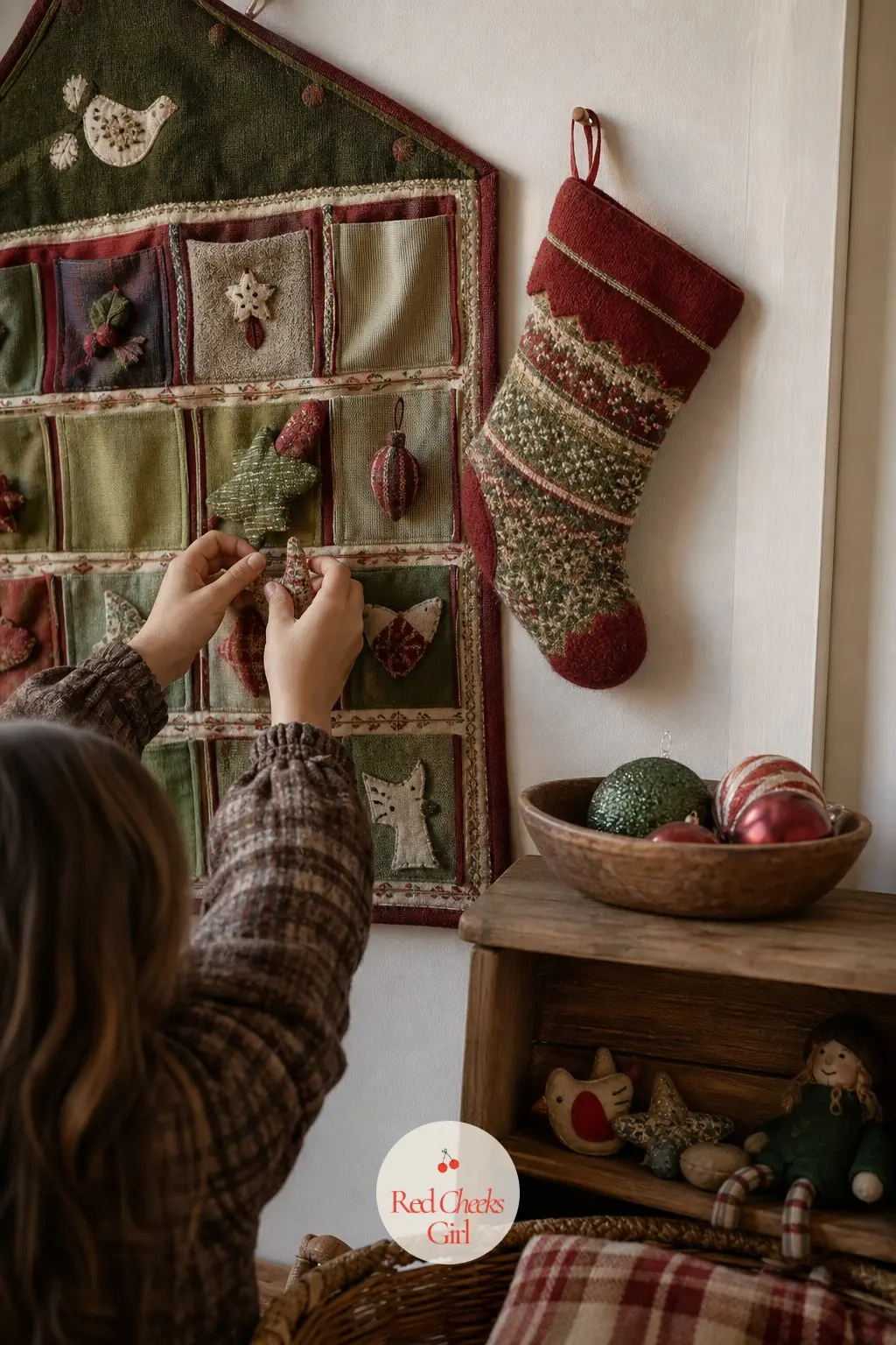 A Corner for the Children, Advent Calendar and One Stocking — A fabric advent calendar in avocado and cranberry hangs at child height, with one small stocking