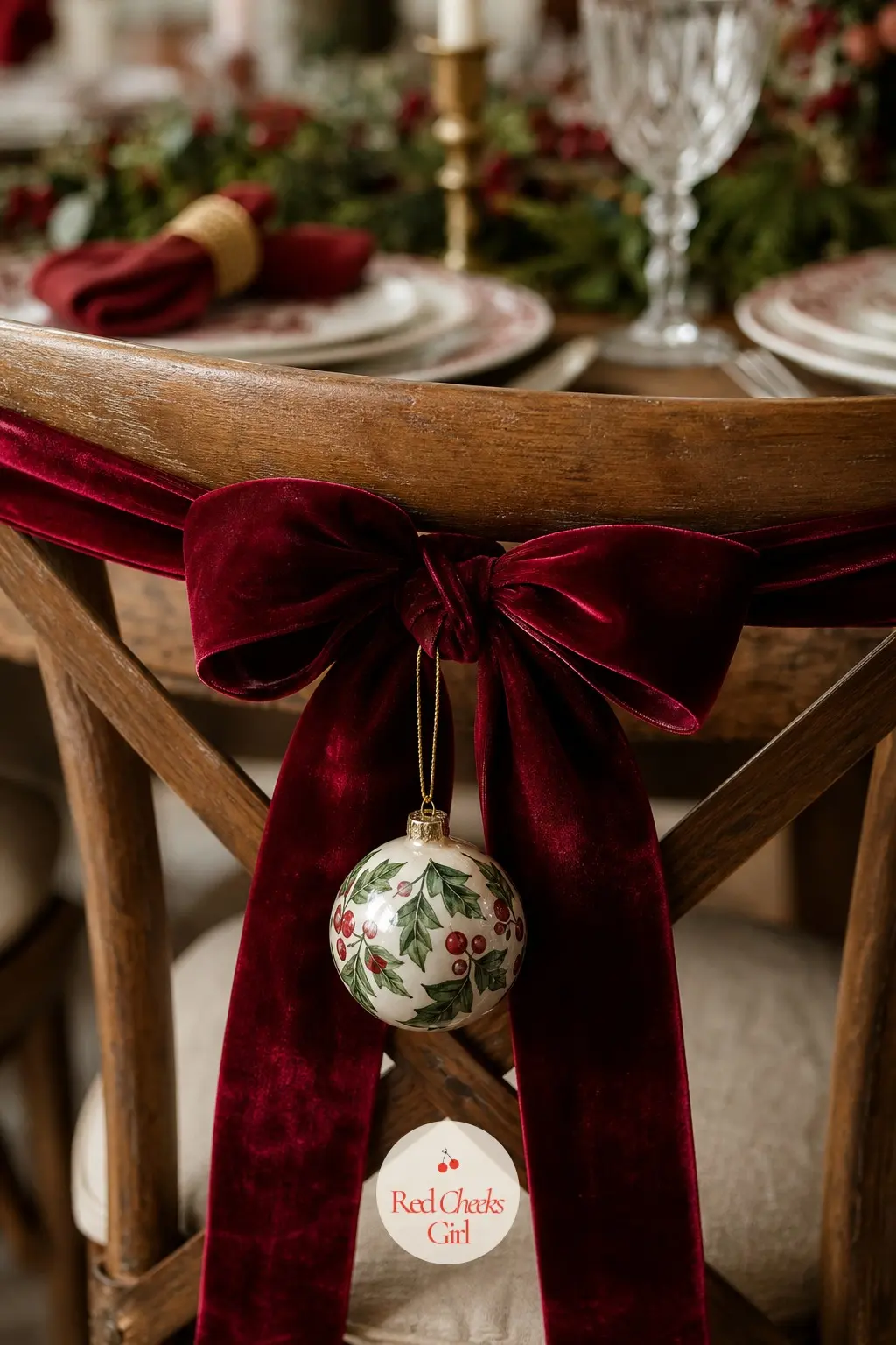 The Dining Chairs, Ribbon and One Painted Ornament Each — Each chair back gets a length of cranberry velvet ribbon tied in a simple loop, finished with one