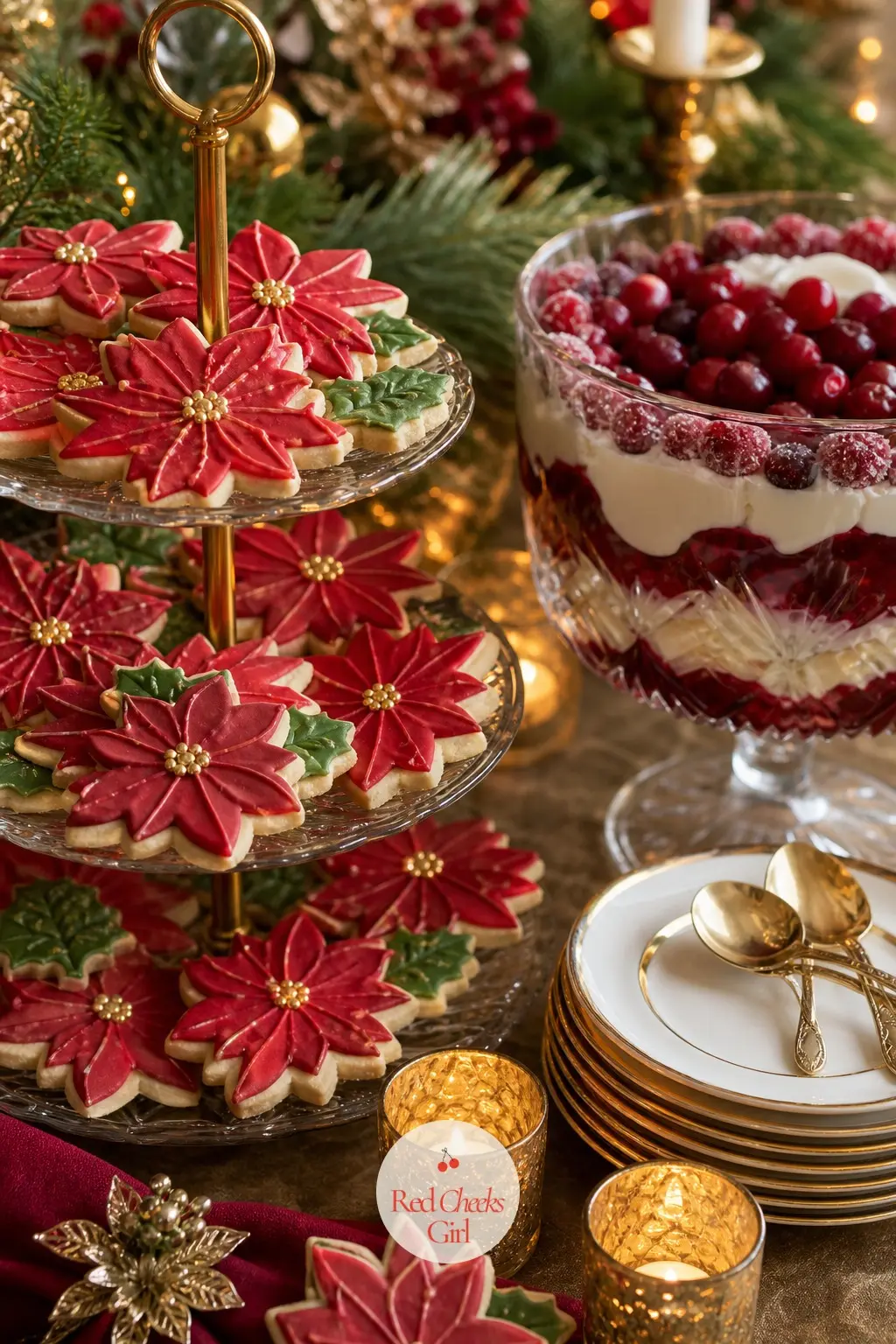 The Food on the Table, Iced in Cranberry and Gold — Sugar cookies cut into poinsettia shapes and iced in cranberry and ivory sit on a three-tier glass cake
