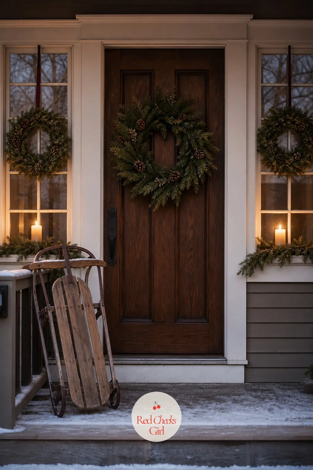 The Front Door, One Wreath and Three Window Candles — A classic pine wreath hangs at the front door, and a wreath for each of 3 front windows carries the same