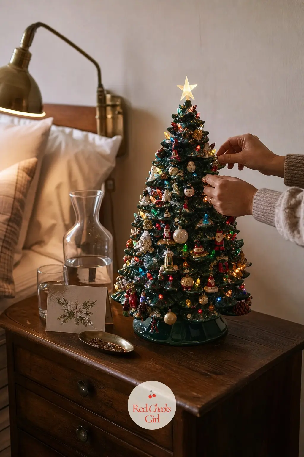 The Guest Bedroom, a Small Ceramic Tree on the Nightstand — A small ceramic tree glows on the guest room nightstand, next to a glass water carafe set and a