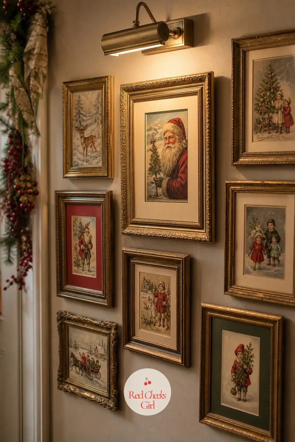 A Hallway Gallery of Framed Vintage Christmas Cards — A run of gold picture frames climbs the hallway wall, each one holding a different vintage-style