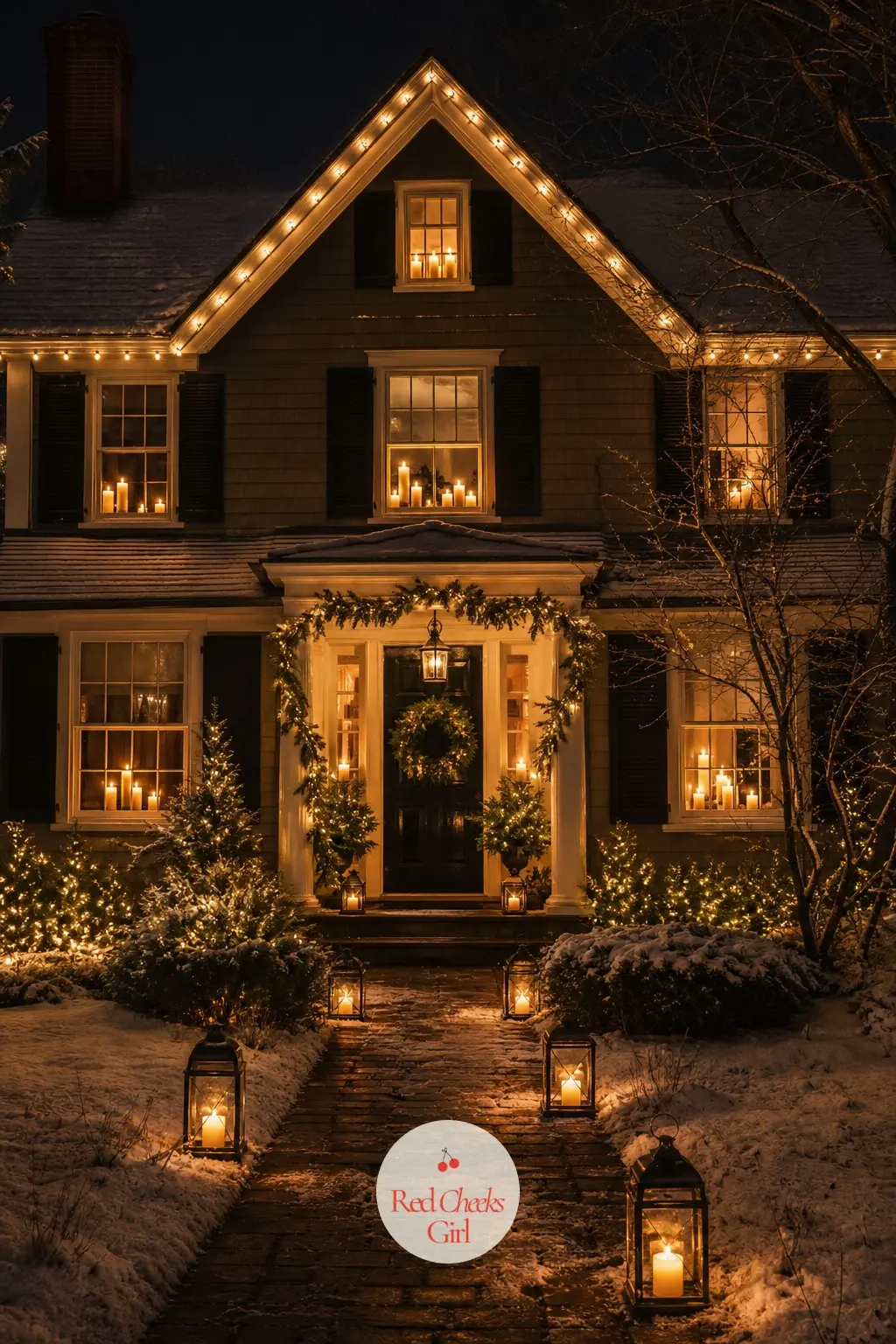 The House After Dark, Warm Bulbs and Candles in Every Window — Seen from the street, the facade wears warm white bulb string lights along the roofline rather