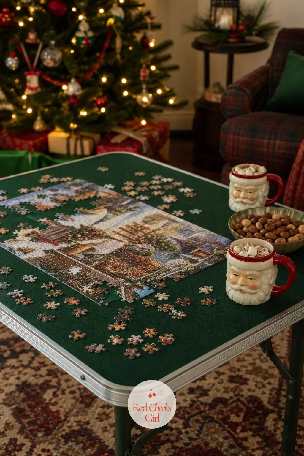 A Jigsaw Puzzle Table for the Long Evenings — A folding card table set up near the tree holds a half-finished jigsaw puzzle and a puzzle board to protect it