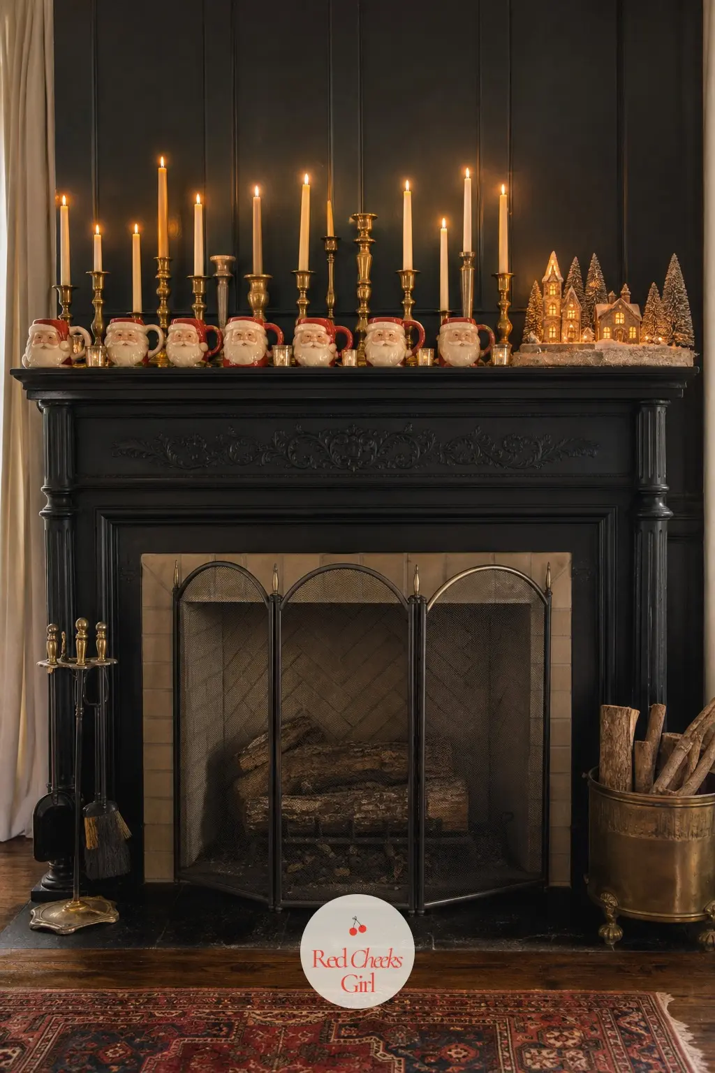 The Mantel, Brass Candlesticks and a Row of Santa Mugs — Skip the swagged garland here and let the objects do the talking instead: a line of brass candlesticks