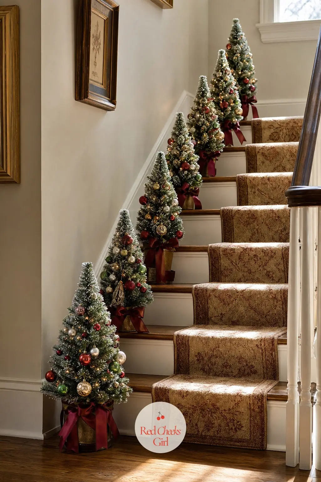 A Procession of Bottle Brush Trees Up the Staircase — Skip the banister garland and line each stair tread instead with a bottle brush tree, graduating from