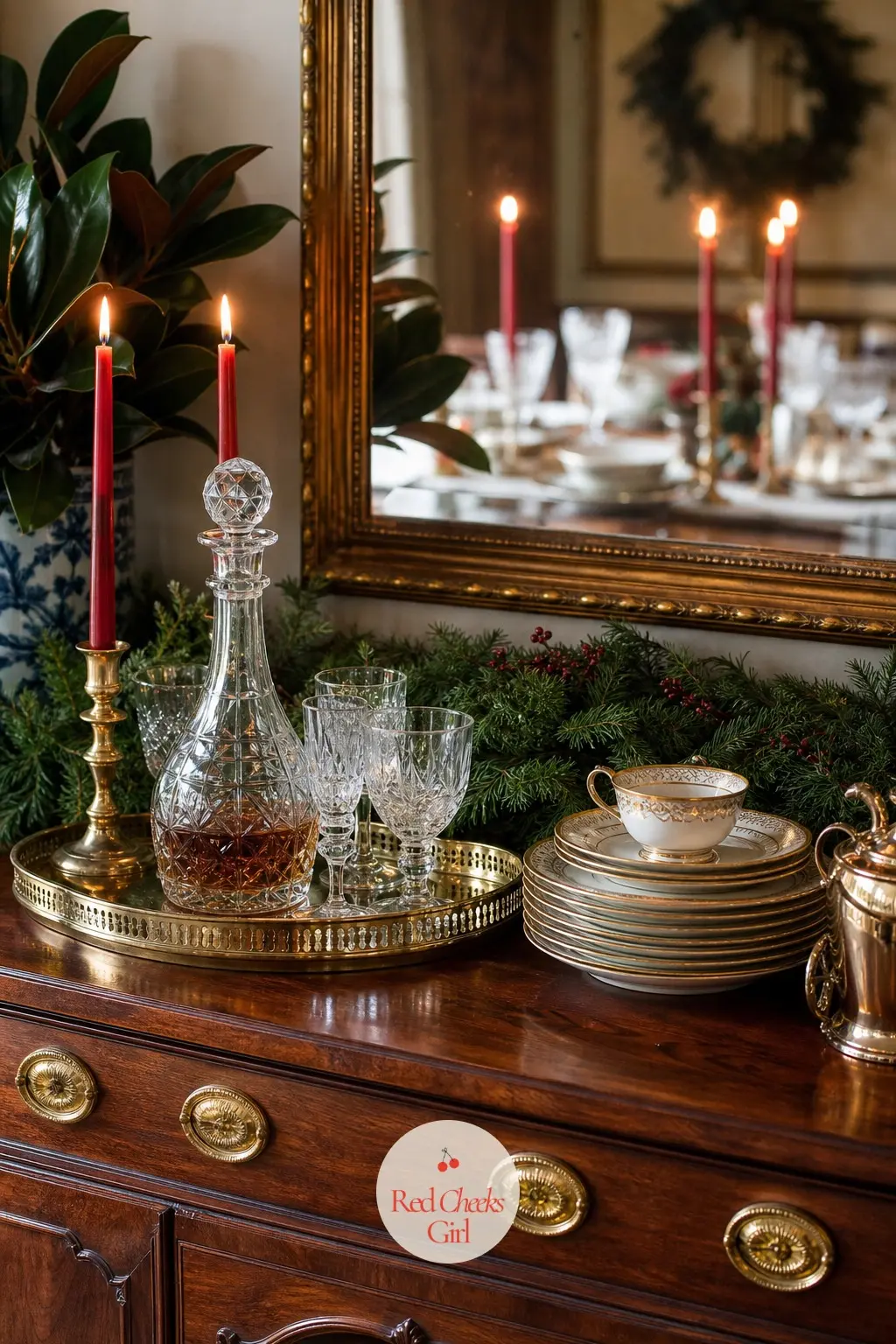 A Sideboard Styled Like Grandma's Buffet — A dining room sideboard gets a decanter set in cut glass, a stack of gold-rimmed china waiting for second helpings