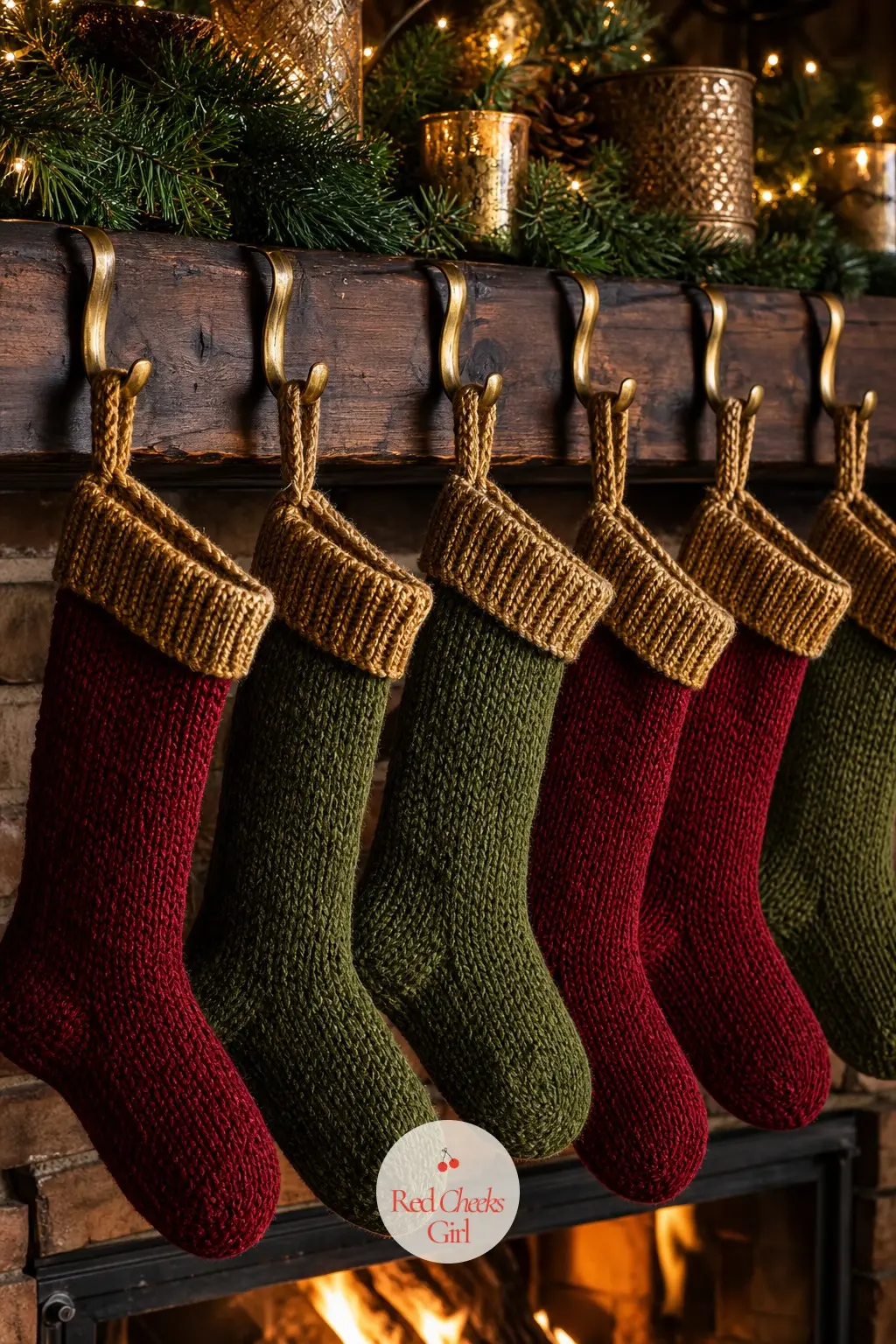 Six Hand-Knit Stockings on Brass Hooks — The stockings split off from the mantel as their own moment, hung on their own brass hooks rather than pinned flat.