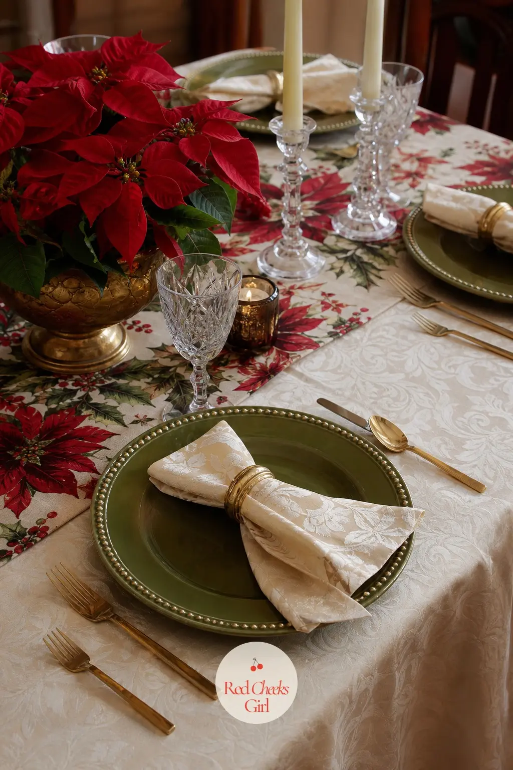 The Table, Layered in Damask, Poinsettias and Avocado Chargers — The base layer is an ivory damask cloth, long enough to pool slightly at the corners. Vintage
