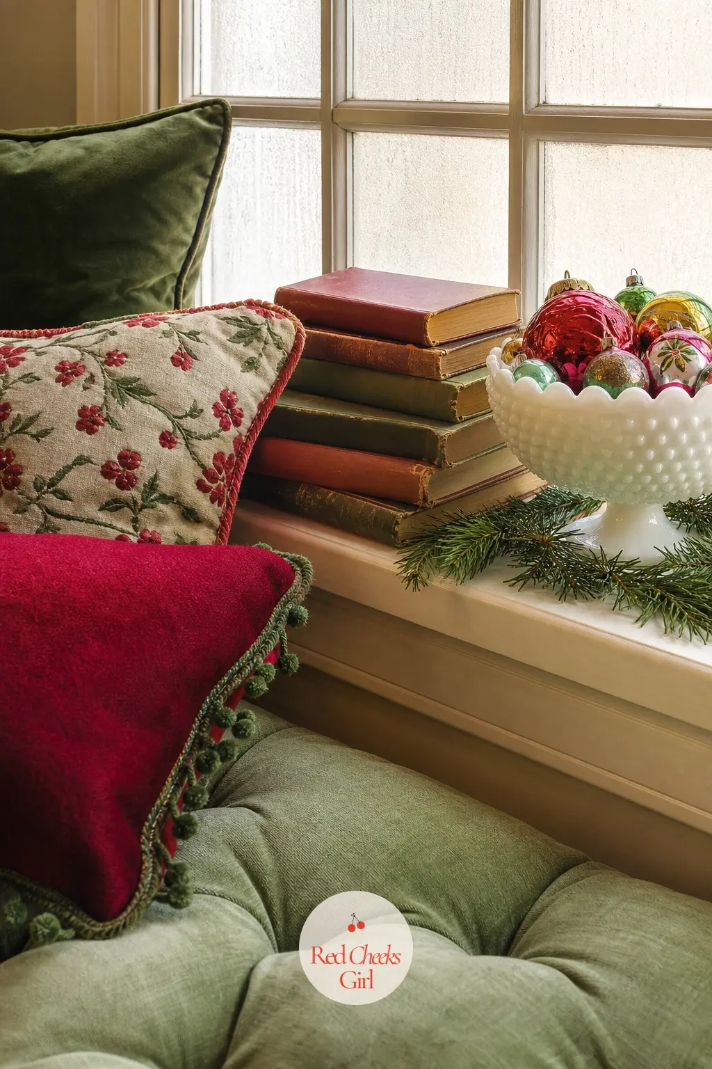 A Window Seat Stacked With Storybooks — Cushions in avocado and cranberry fill a window seat, with a stack of old-fashioned Christmas storybooks waiting on the
