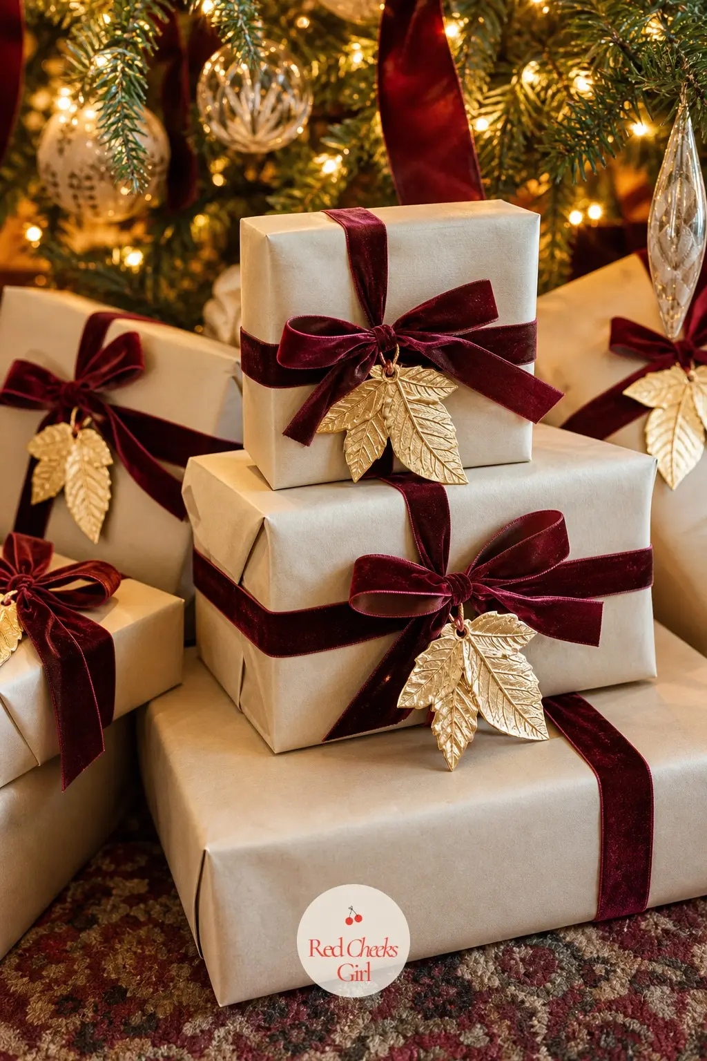 Wrapping Gifts in Ivory Paper and Gold Poinsettia Tags — 2 rolls of ivory wrapping paper and a spool of cranberry velvet ribbon turn every gift into part of