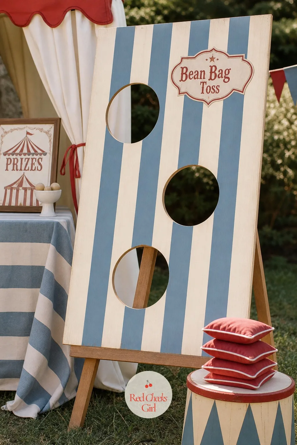 Bean Bag Toss Into a Striped Board — A board game stands up on its own without anyone needing to hold it, which matters when the grown ups would rather keep