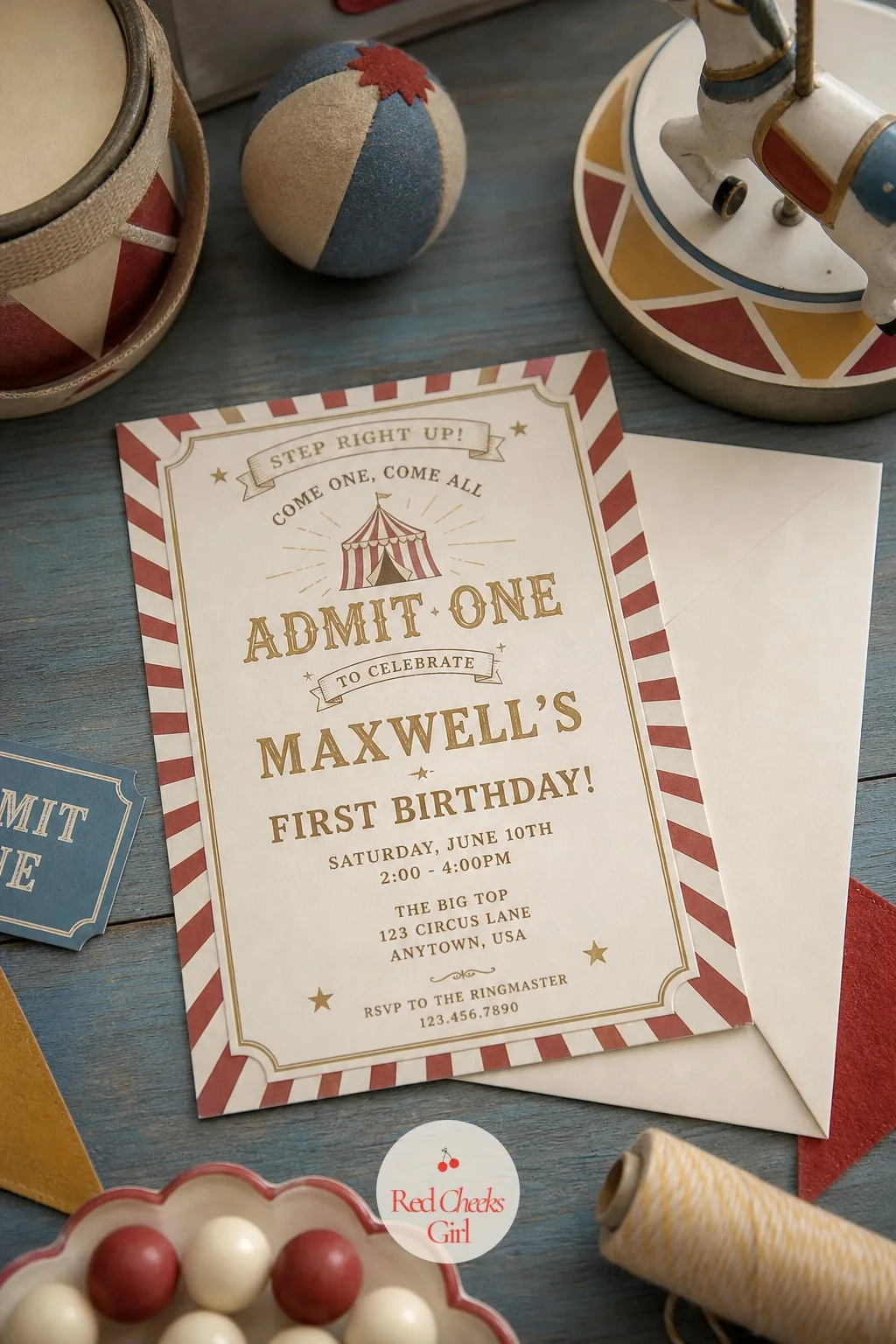 Cream and Mustard Circus Poster Invite — A card that looks like an old circus poster tells every guest what kind of day to expect before they even open the